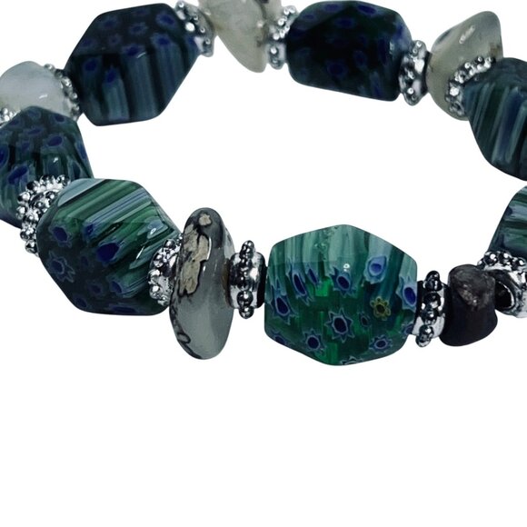 Silver Tone Green Blue & White Millefiori Stretch Bracelet (5802) - Picture 3 of 5